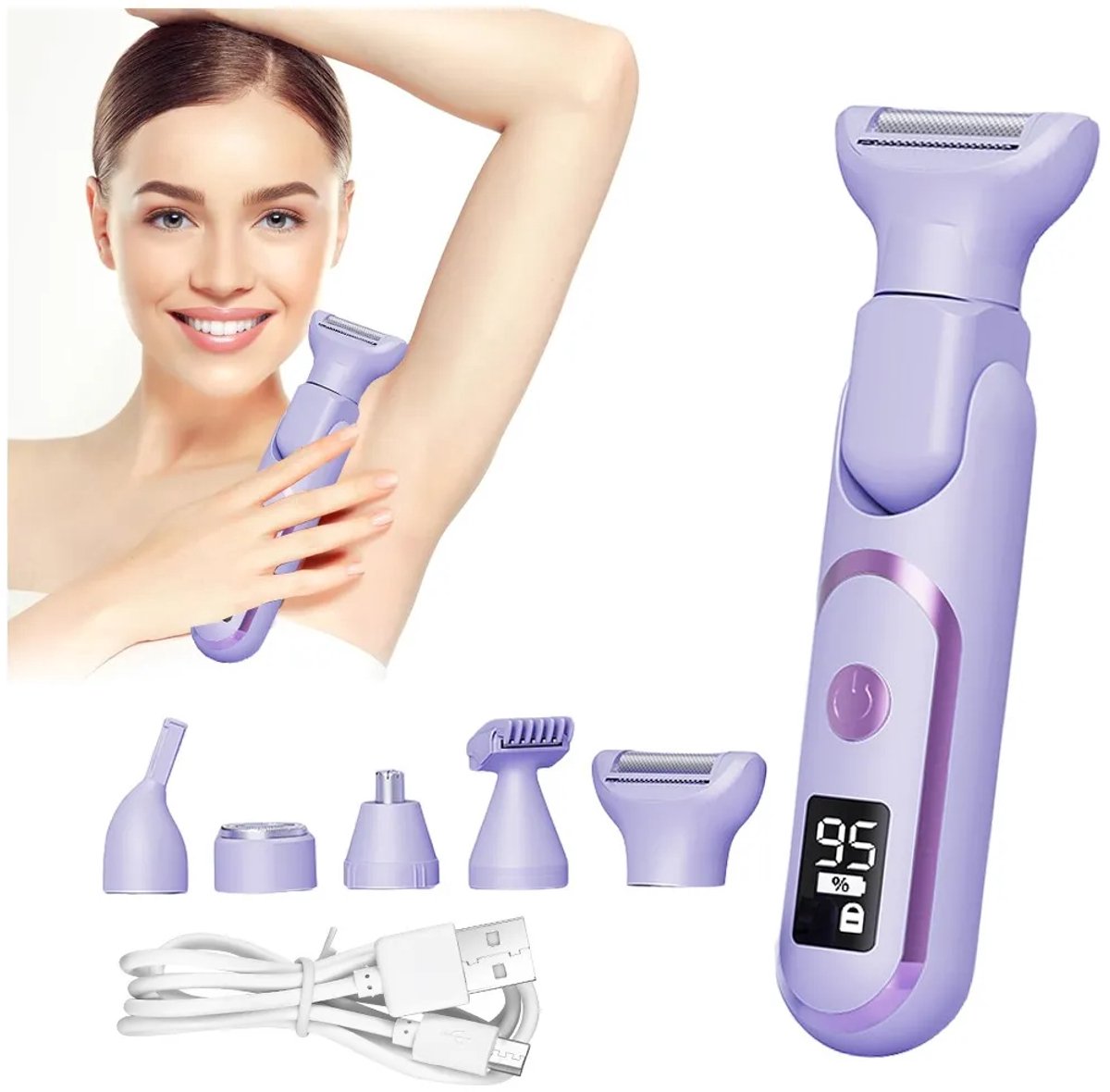 Epilator - 5-in-1 Elektrische Scheerapparaat voor Vrouwen - Oplaadbare Epilator met Waterdicht Ontwerp - Geschikt voor Gezicht, Benen en Lichaam - 17x5cm - Paars