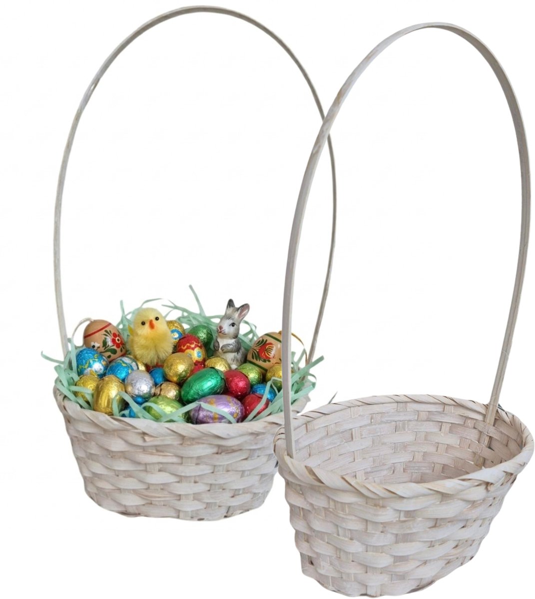 Kaemingk Rieten mandje met hengsel - 3x - geel - D20 x H38 cm - paasmandje