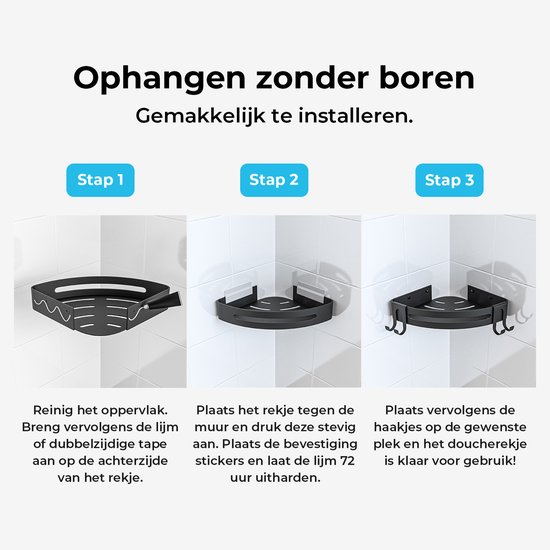 Installatie stappen voor een zwart hoekdouche rek, zonder boren.