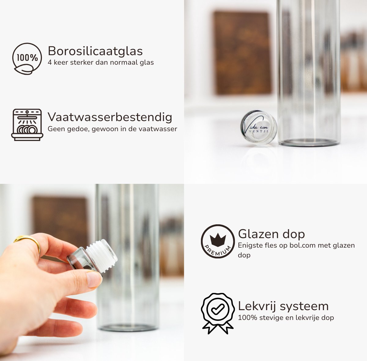 Ventji® Glazen drinkfles - 2 stuks - Waterfles glas - 500ML - Glazen dop - Duurzaam - Lekvrij - Smoked Black - Met Neopreen Beschermhoes — afbeelding 2