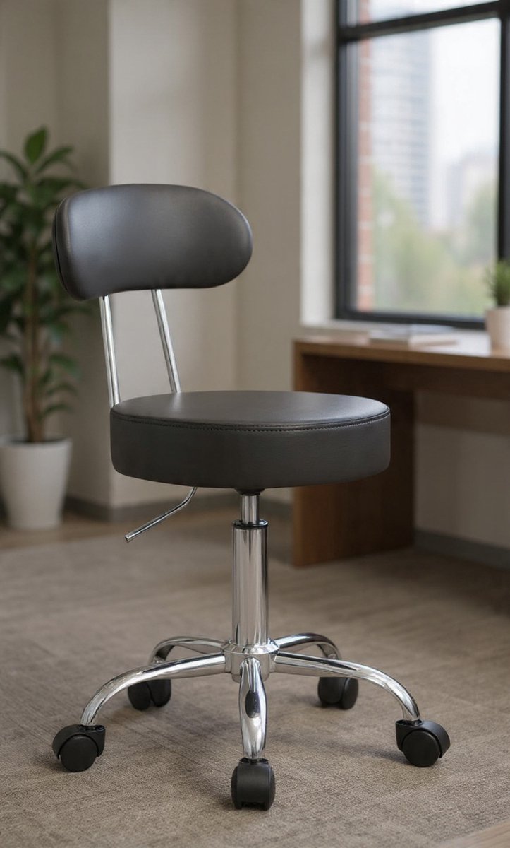 Grey Bar Stool Beauty Salon Stool Work Chair 360°Swivel Chair Adjustable Metal Bar Chair Faux Leather with Backrest and 5 Wheels (Grey, 1-Piece)-Casa Serena – Afmetingen op aanvraag – Casa Dorada