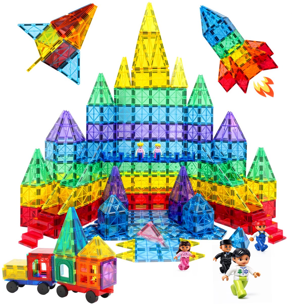 Magnetic tiles - XL 129 stuks - Magnetische tegels - Speelgoed - Magneet tegels - Montessori - Bouwstenen - Travel set - Constructiespeelgoed - Met 4 magna poppetjes — afbeelding 5
