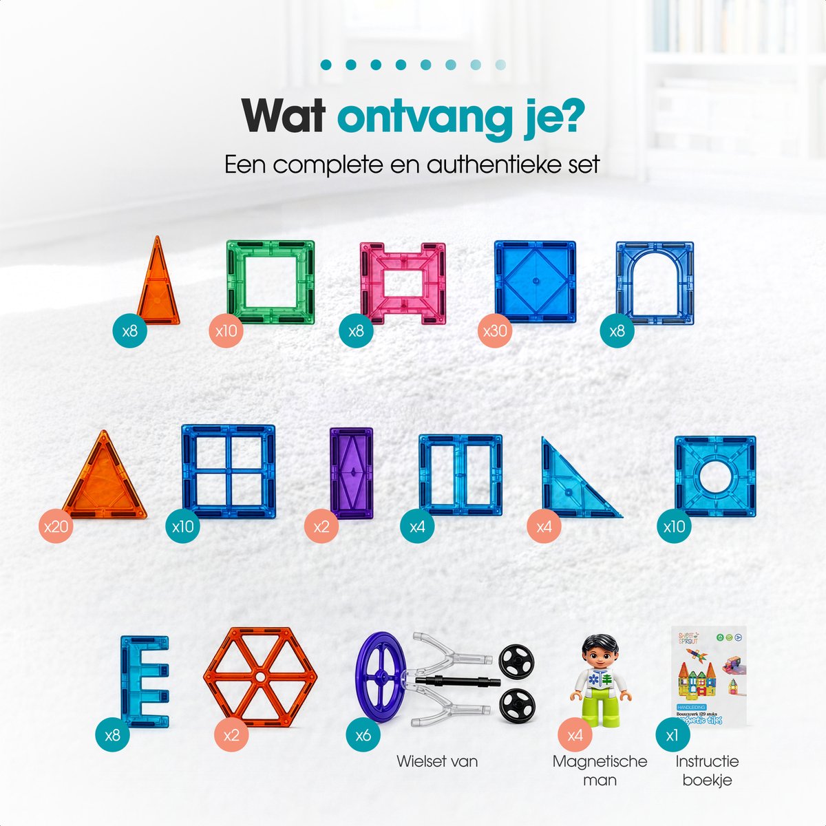 Magnetic tiles - XL 129 stuks - Magnetische tegels - Speelgoed - Magneet tegels - Montessori - Bouwstenen - Travel set - Constructiespeelgoed - Met 4 magna poppetjes — afbeelding 10