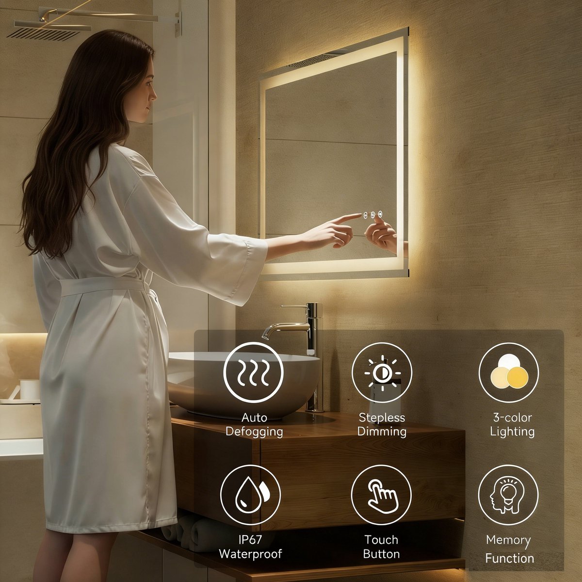 KUTAS® Badkamerspiegel 100x60cm - Badkamerspiegel met Verlichting - Rechthoekige Spiegel - Badkamerspiegel met Anti-Condens - Wandspiegel - Dimbaar - 3000K/4500K/6500K