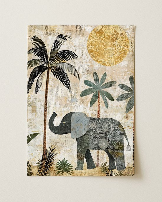 Olifant Jungle Beige - Poster 100x150 cm sfeervolle wanddecoratie voor woonkamer en slaapkamer - Premium papier - Zonder lijst