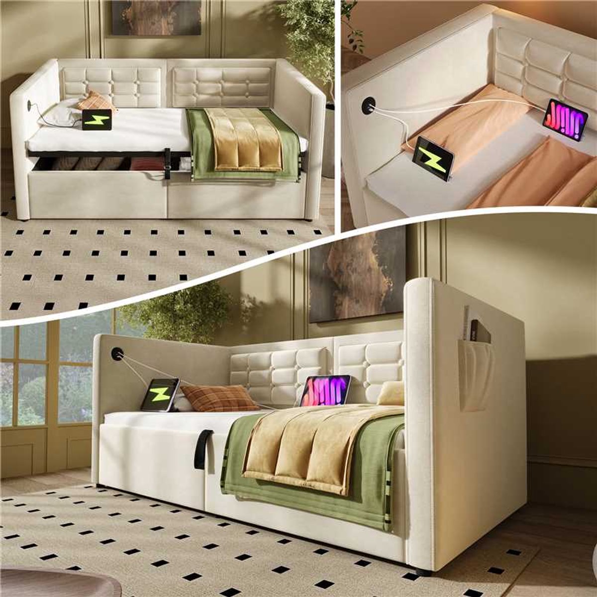 Slaapbank 90x200- Hydraulisch Opbergbed Met USB En Type-C - Houten Lattenbodem - Fluweel - Beige - Zonder matras