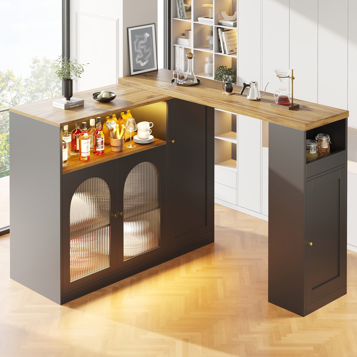 STILVORA Dressoir Barmeubel - 360 Draaibaar Bartafel Met LED En Glasdeur - Multifunctioneel - MDF - 108x39,6x97 / 197x39,6x100 cm - Zwart
