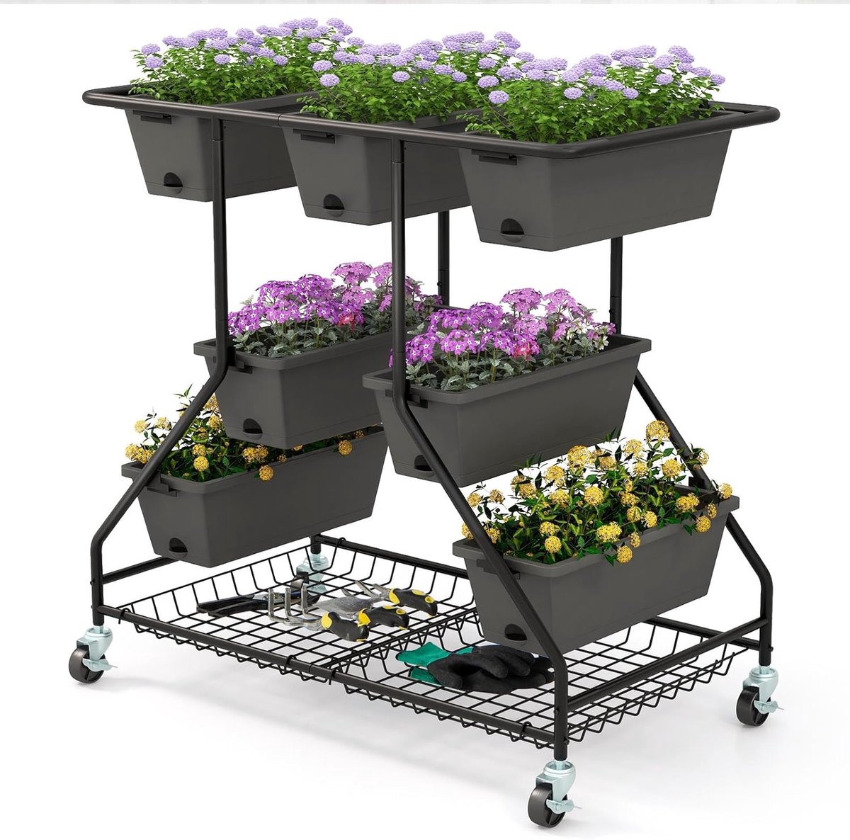 KOMFOTTEU Bloemenstandaard met 3 niveaus, tuinbed met 7 plantenbakken en drainagegaten, bloementrap met wielen, bloembed met legplank, plantentrap, groentebed voor groenten en bloemen