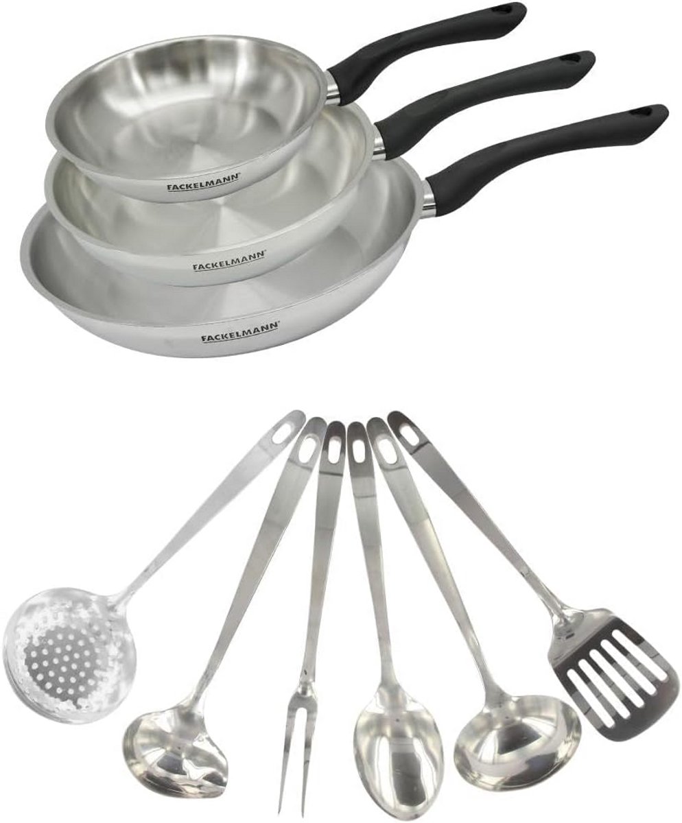 RVS Pannenset 3 Stuks 20, 24 en 28 cm met 6 Roestvrijstalen Keukenhulpjes