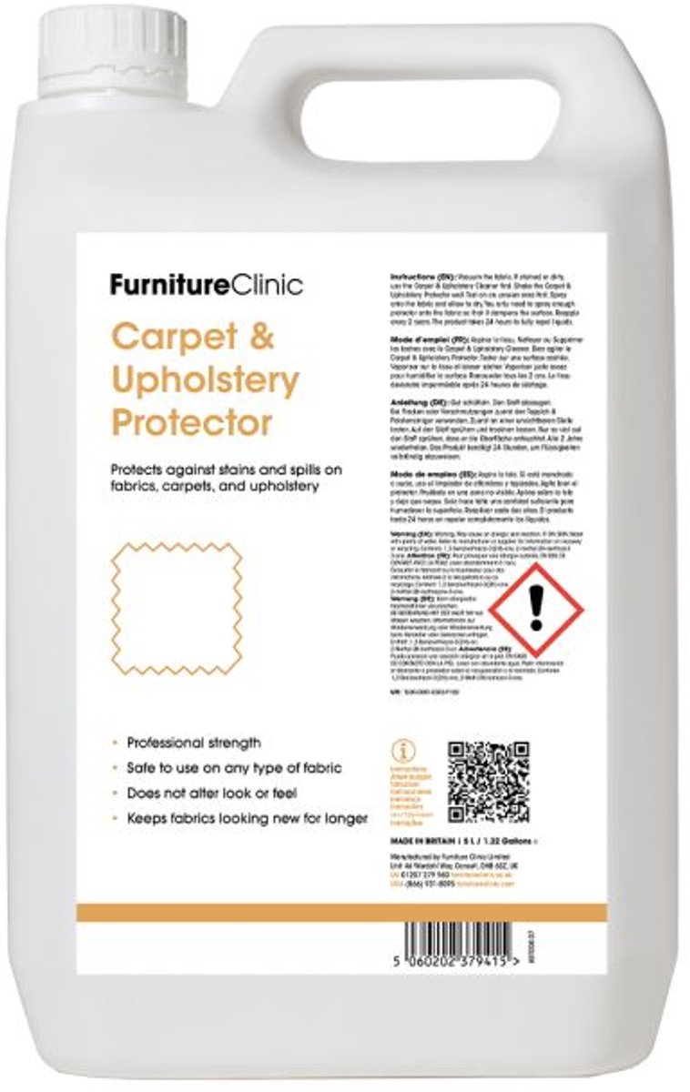 Tapijt, Textiel en Bekledingsbeschermings 5 Liter - Furniture Clinic - Stoot alle vlekken en water af - Stoffenbeschermingsspray voor bekleding, tapijten, banken, autostoelen, schoenen - 5 liter