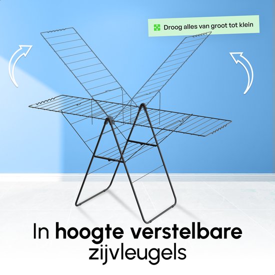 Een zwart droogrek met verstelbare zijvleugels. Tekst: 'In hoogte verstelbare zijvleugels'.