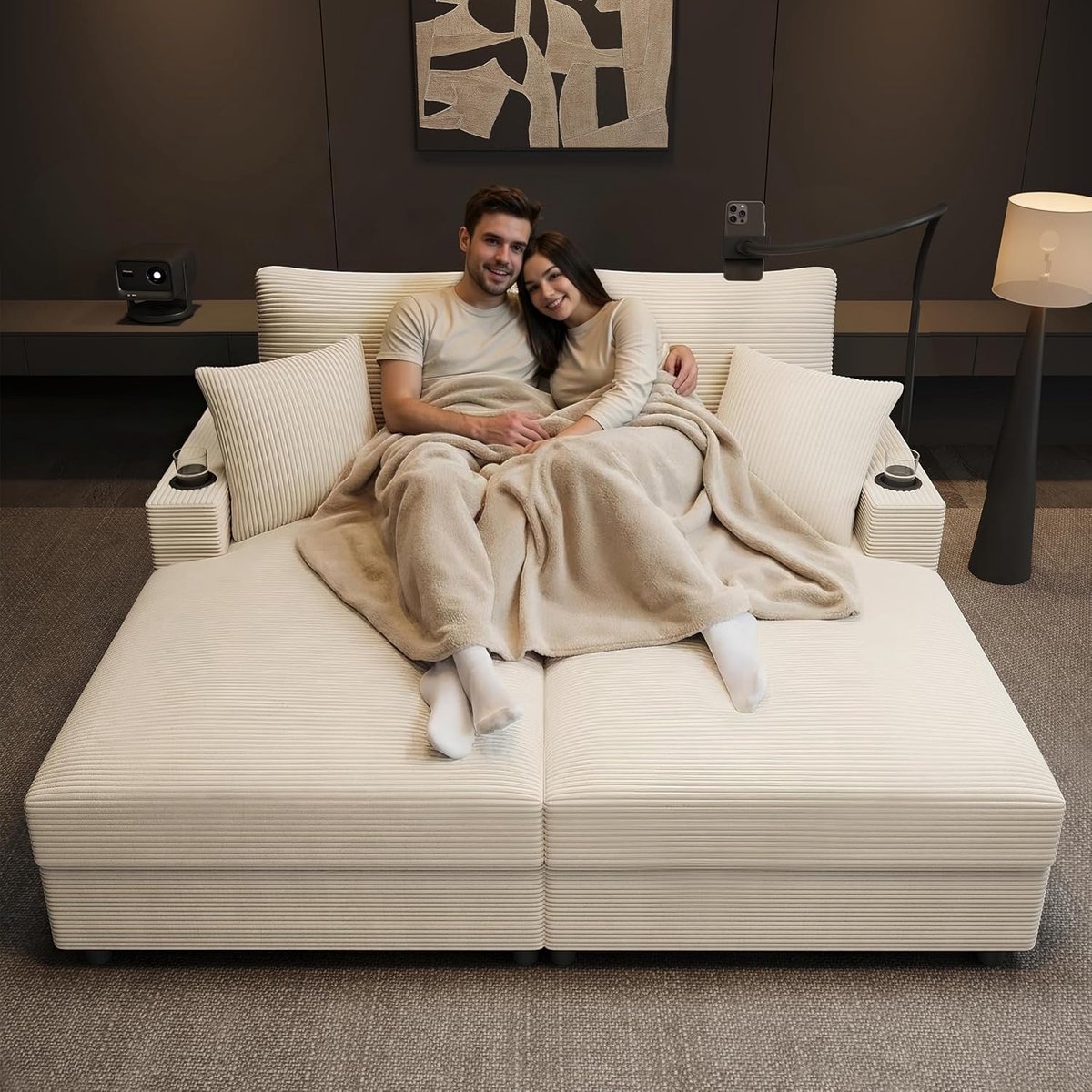 Slaapbank 2-Persoons 163 x 140 cm – Cord Sofabed met USB & USB-C, Bekerhouders, Telefoonhouder & Relaxfunctie – Beige Cloud Couch – Pauwhome