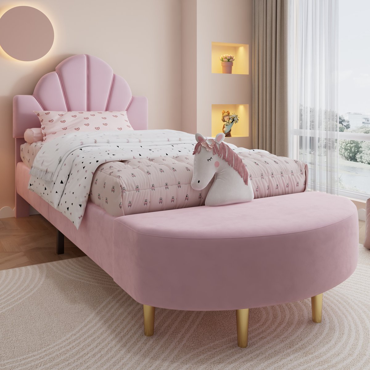 REDOM Bedframe 90x200 cm – Fluweel – Met bedbank – Antikollisie-schuimranden – Roze