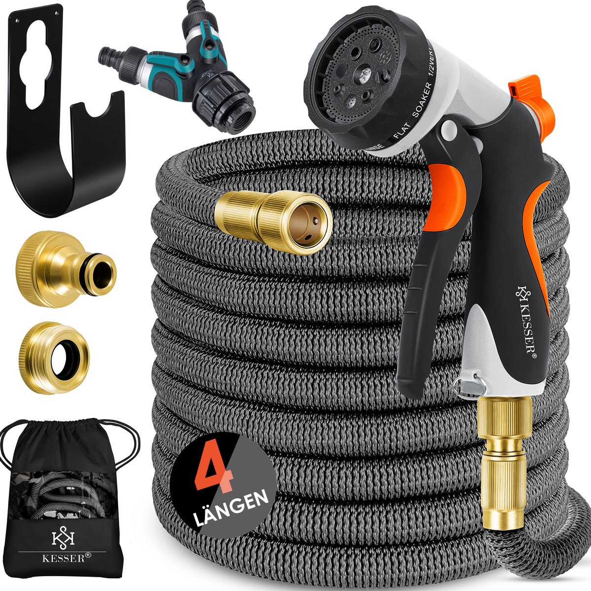 KESSER® Premium Tuinslang flexibel 45 meter - uitrekbare Tuinslang inclusief aansluitingen, Ophanghaak en Sproeikop - Antraciet