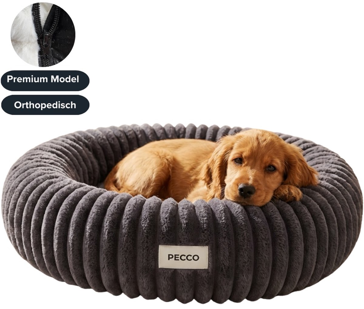 Pecco Luxe hondenmand - Rond 70 cm - Orthopedisch hondenbed - Donkergrijs rib