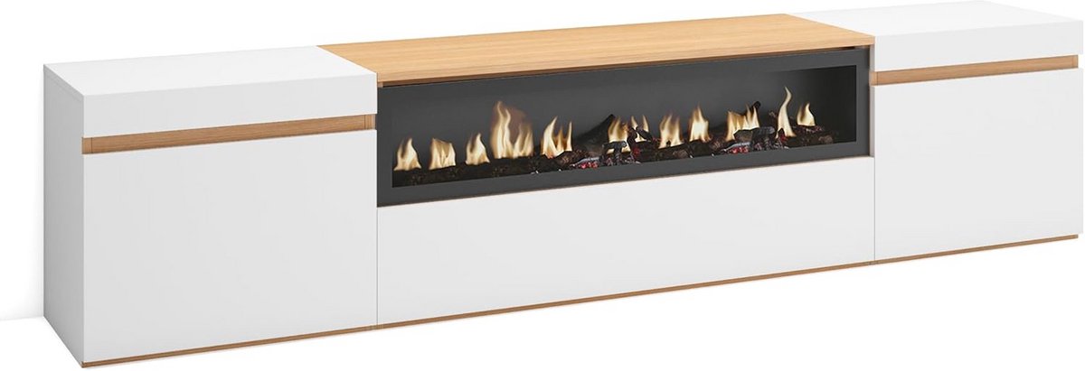 Modern TV Meubel met Elektrische Sfeerhaard en Opbergruimte - Wit & Eiken, 200cm