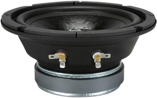 Zwarte Pyle midrange speaker met zilveren rand en aansluitpunten, op witte achtergrond.
