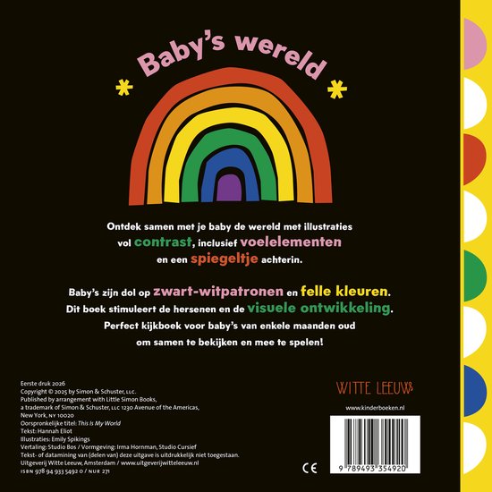 Baby's wereld, een kijk- en voelboek met een regenboog en de tekst 'Baby's wereld'.