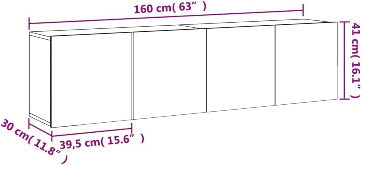 TV-meubel wandkast set 2 stuks – Urbanhome Beton Style TV-wandkasten 160 cm – Lowboard met royale opbergruimte, Wandmontage, Modern design, Betongrijs