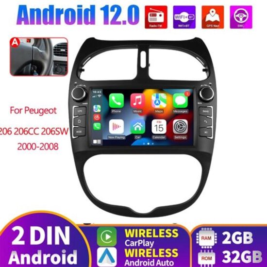 Autoradio - Compatibel met voorPeugeot 206-modellen uit 2000-2008, Android 13-navigatiesysteem, 7-inch scherm met CarPlay en Android Auto-functionaliteit, 2+64 GB opslag, AHD-camera en microfoon.