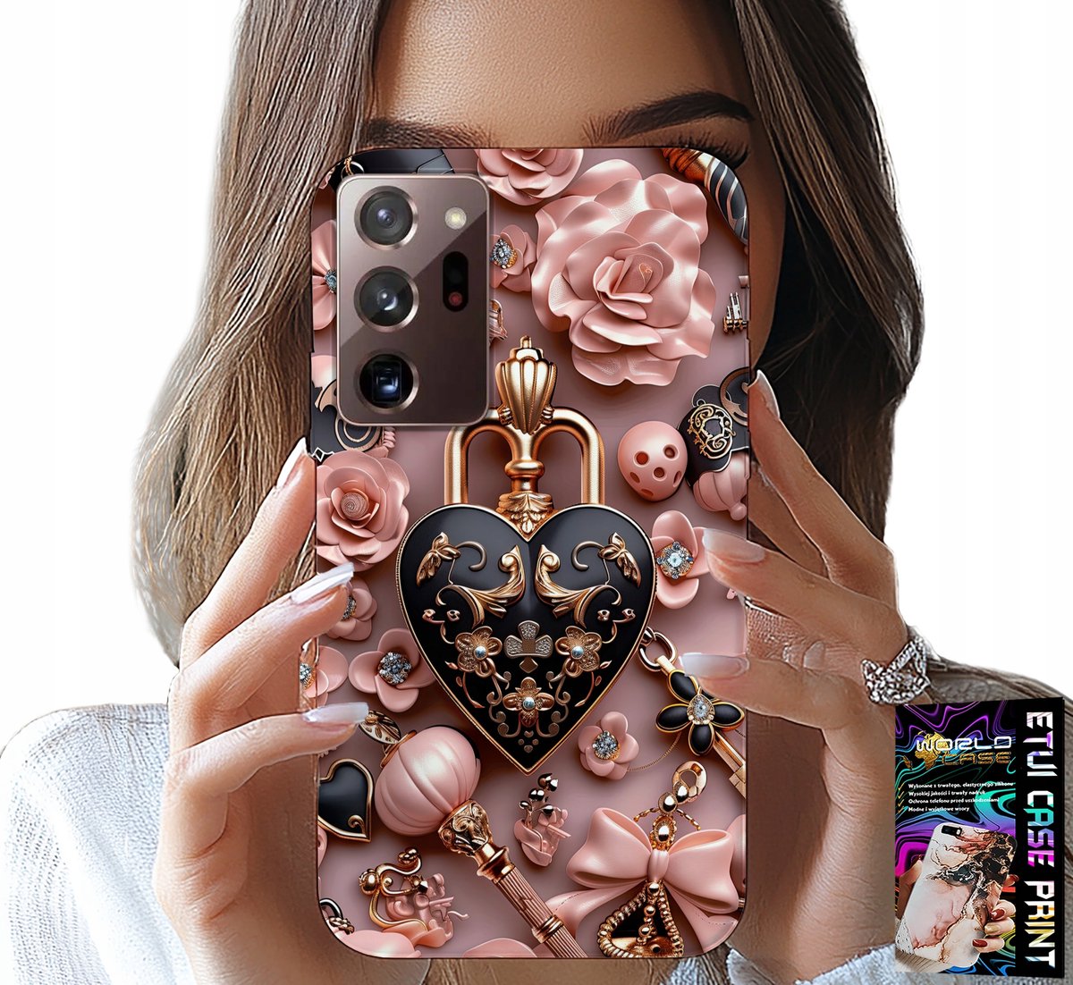 HOESJE VOOR SAMSUNG NOTE 20 ULTRA - FEMININE PATRONEN HARTJE MET HANGSLUITING + FOLIE