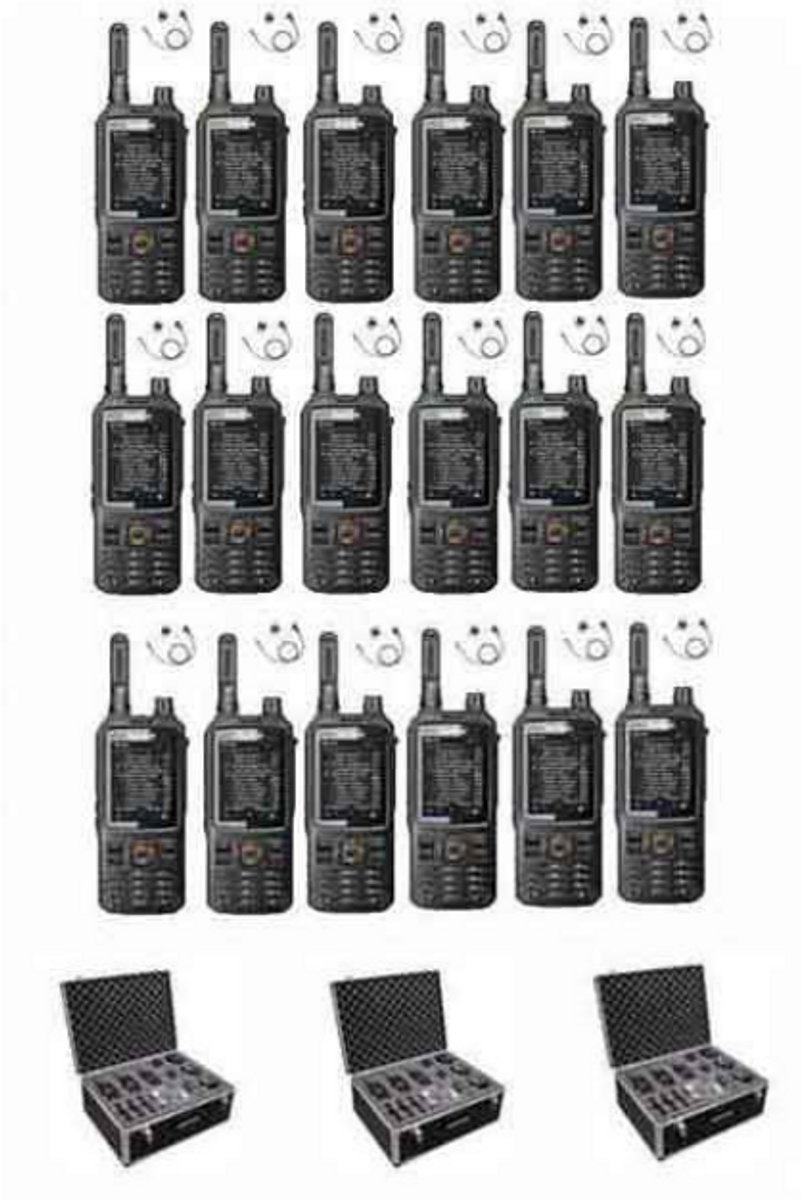 Set van 18 Inrico T320 V2 4G LTE Zello Portofoon, GPS, Wifi met tafellader, D-shape oortje en koffer
