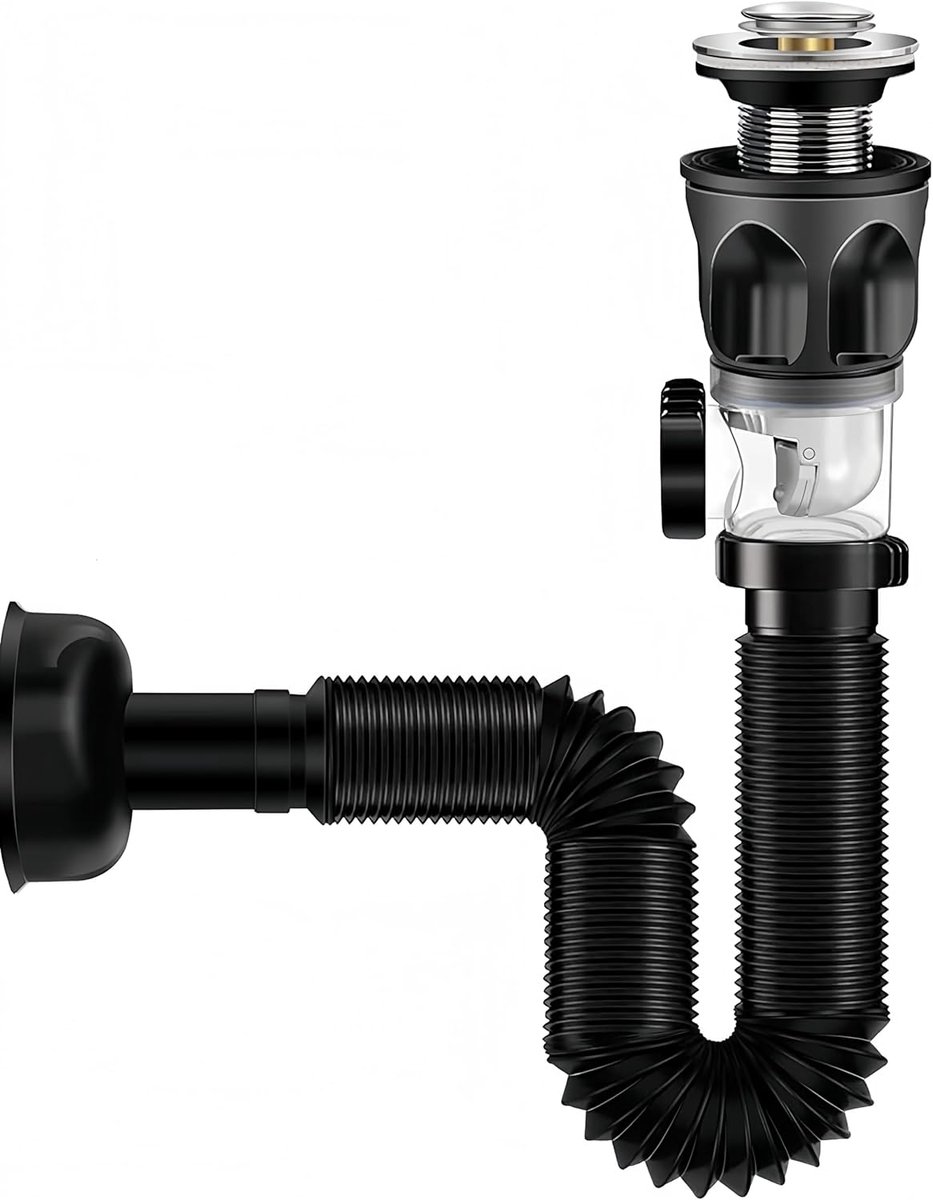 Afvoer Set - Flexibele Pijp - Badkamer Afvoer - Geïntegreerde Stop - 1-1/2 Inch - Zwart