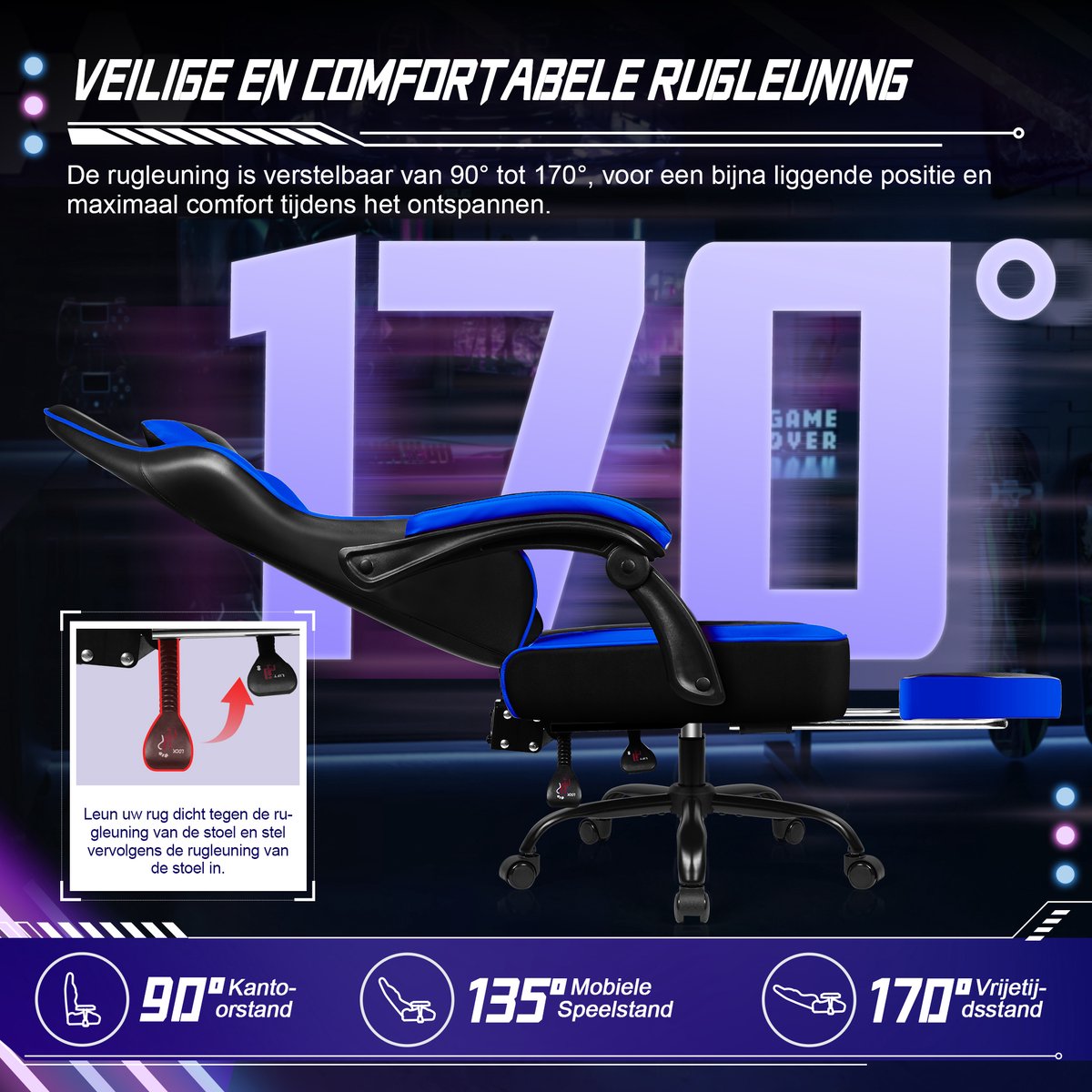 Hiaonyx Gaming Stoel Met Inklapbare Voetsteun Blauw - afbeelding 2