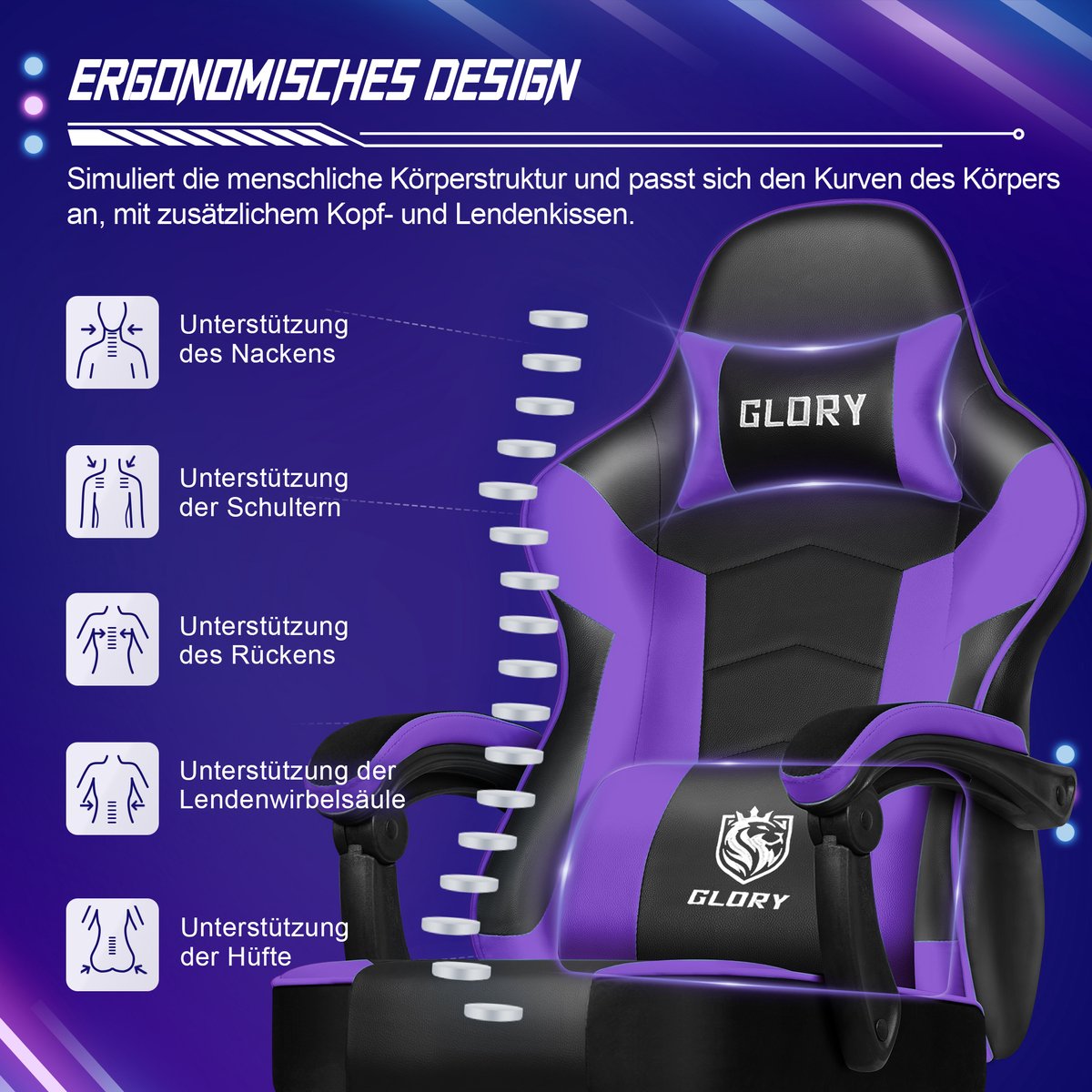 Hiaonyx Gaming Stoel 170° Verstelbaar Paars met Voetsteun - afbeelding 3
