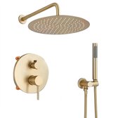 Cellista Regendouche Set Geborsteld Goud - Douchekraan Inbouw - Thermostatische Mengkraan - Handdouche + Hoofddouche - Messing Badkamer Douche Systeem 30cm