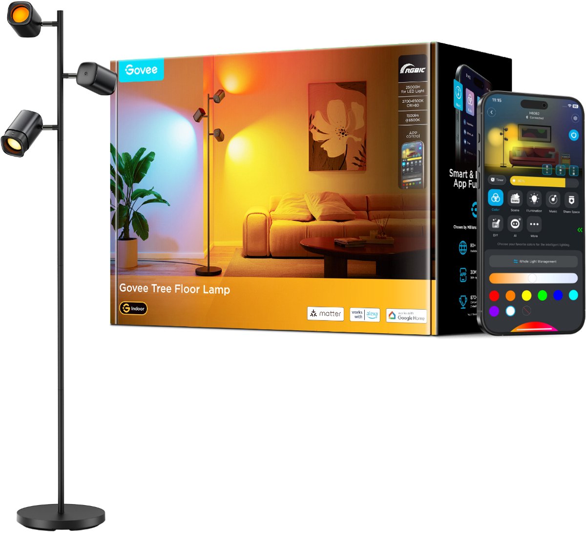Govee slimme vloerlamp 160 cm Matter RGBWW - 3 lichtkoppen thumbnail 3