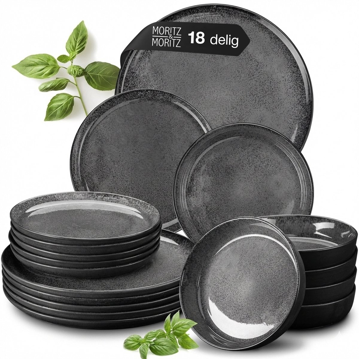 Moritz & Moritz VIDA 18-delige Serviesset voor 6 Persoons – Modern Bordenset Antraciet – Servies met dinerborden, dessertborden en soepborden