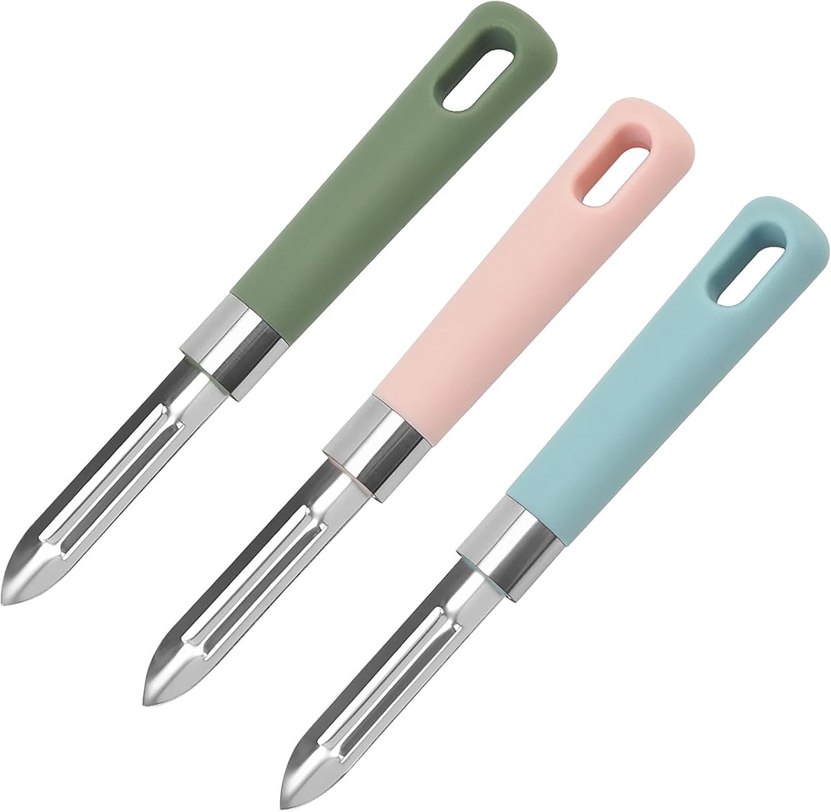 3 stuks Aardappelschiller – Set groente- en fruitschillers – Ergonomische, antislip handgreep – Keukenhulpje – Aardappelschilmes voor thuis – Snel schillen – Vaatwasserbestendig – Groen, blauw, roze – 18,2 x 2,4 cm