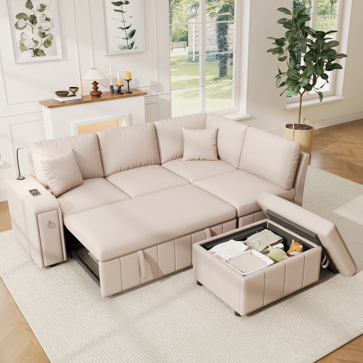 OKWISH Hoekbank 213 x 184 cm - Slaapfunctie, Opbergruimte, Usb En Usb C, Leeslamp - Woonkamer - Linnen - Beige
