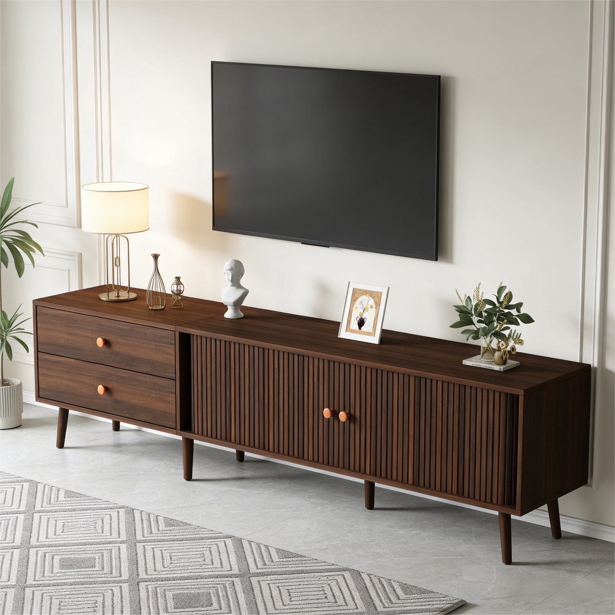 OKWISH Tv-Meubel - Geschikt Voor Tv Tot 80 Inch - 2 Laden En 2 Roldeuren - 180 x 40 x 46,5 cm - MDF - Walnoot Walnootkleur