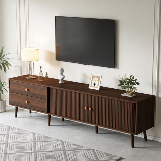 OKWISH Tv-Meubel - Geschikt Voor Tv Tot 80 Inch - 2 Laden En 2 Roldeuren - 180 x 40 x 46,5 cm - MDF - Walnoot