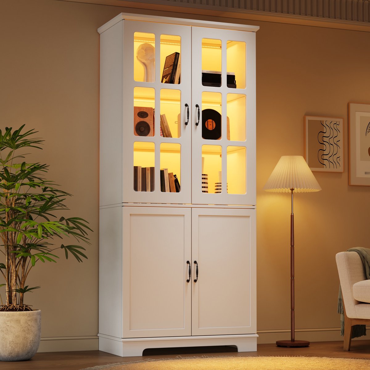 OKWISH Vitrinekast – Hoge Opbergkast Met 4 Deuren En 5 Niveaus – Woonkamer Keuken Hal – Glas En Spaanplaat Wit – 80x38x180 cm