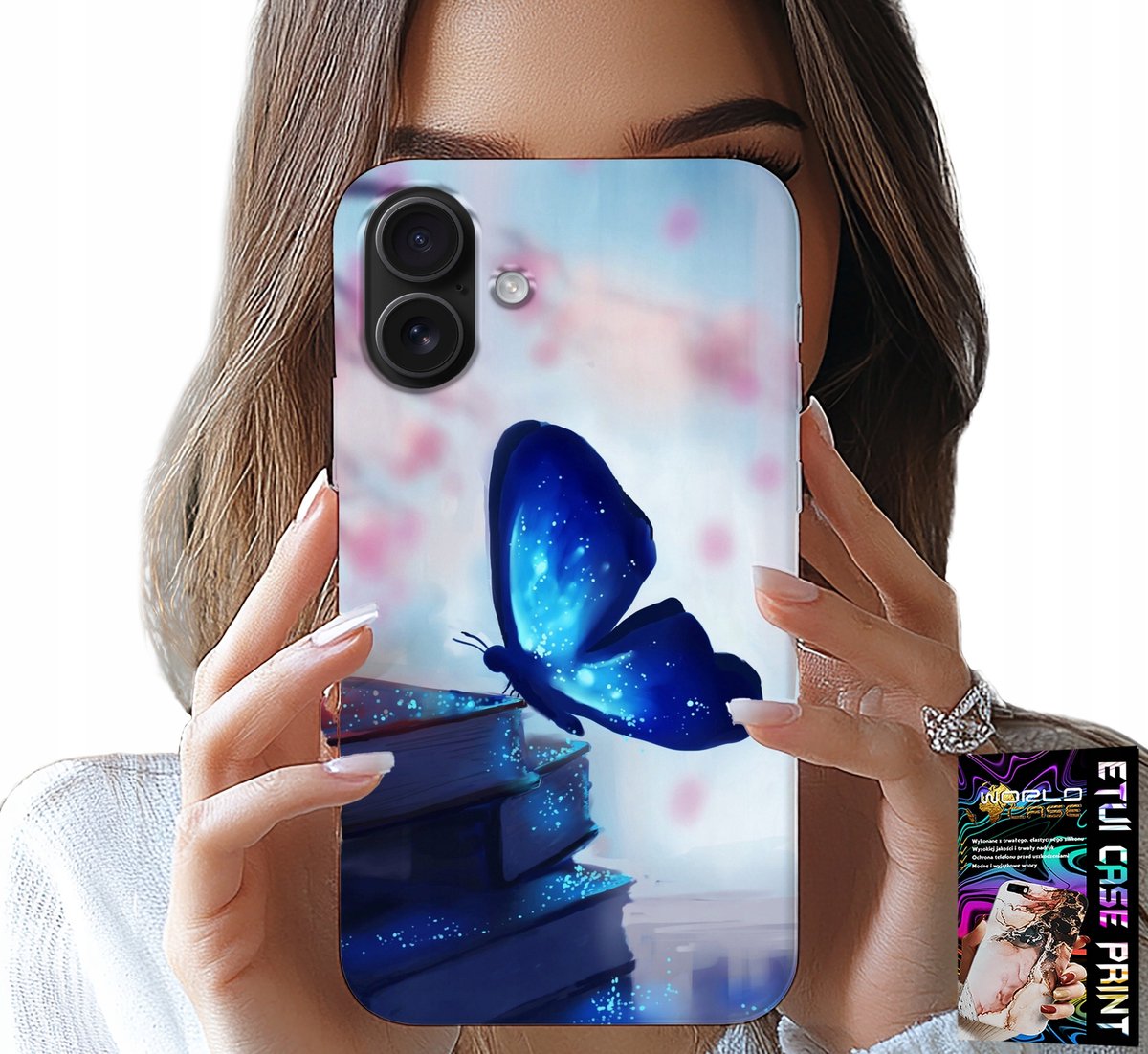 iPhone 16 Plus hoesje - Blauwe vlinder, vlinder, damespatroon