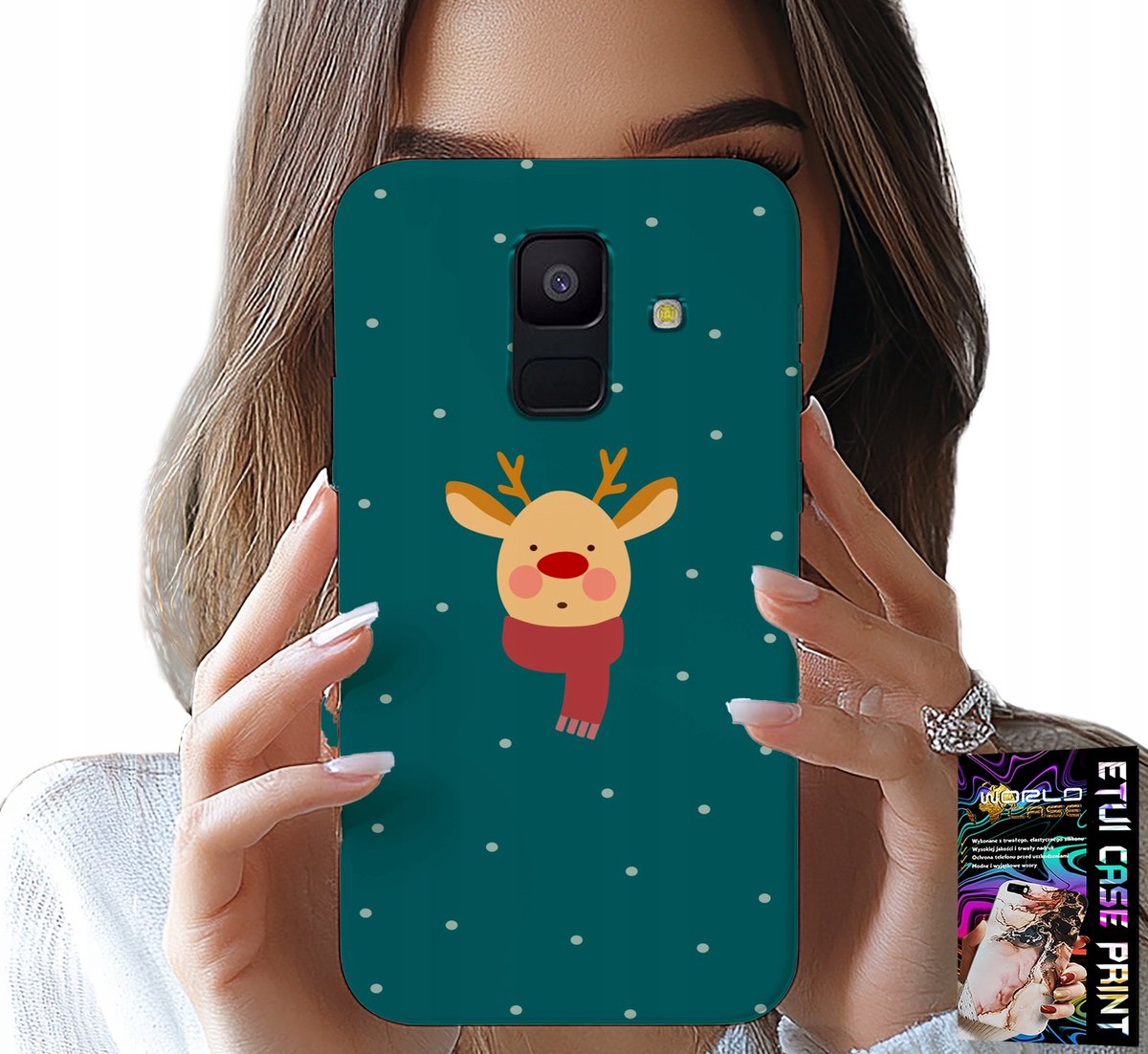 HOESJE VOOR SAMSUNG A6 2018 - RENDIER OP EEN GROENE ACHTERGROND MET KERSTMOTIEF