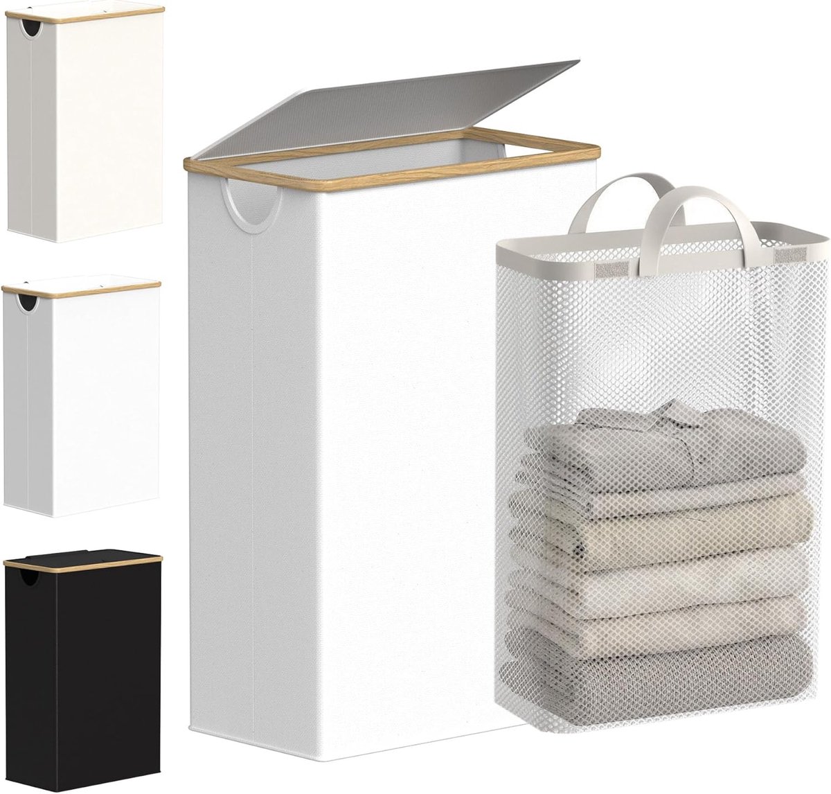 Slanke wasmand - Vuile was mand - Ruimtebesparend Opbergen - Afneembare tas - 70 cm hoog - Wit