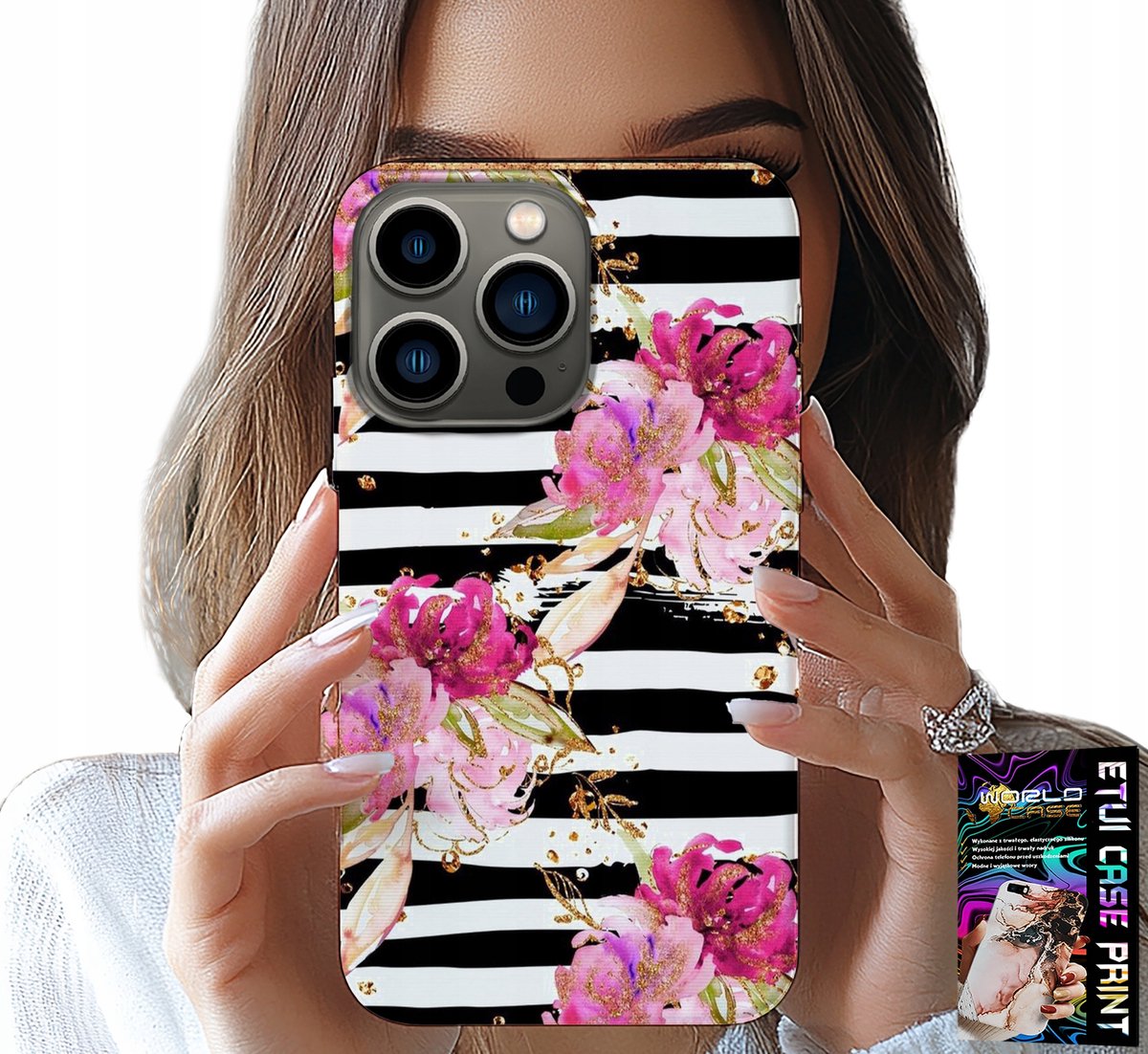 iPhone 16 Pro hoesje - zwart-wit gestreept bloemenpatroon
