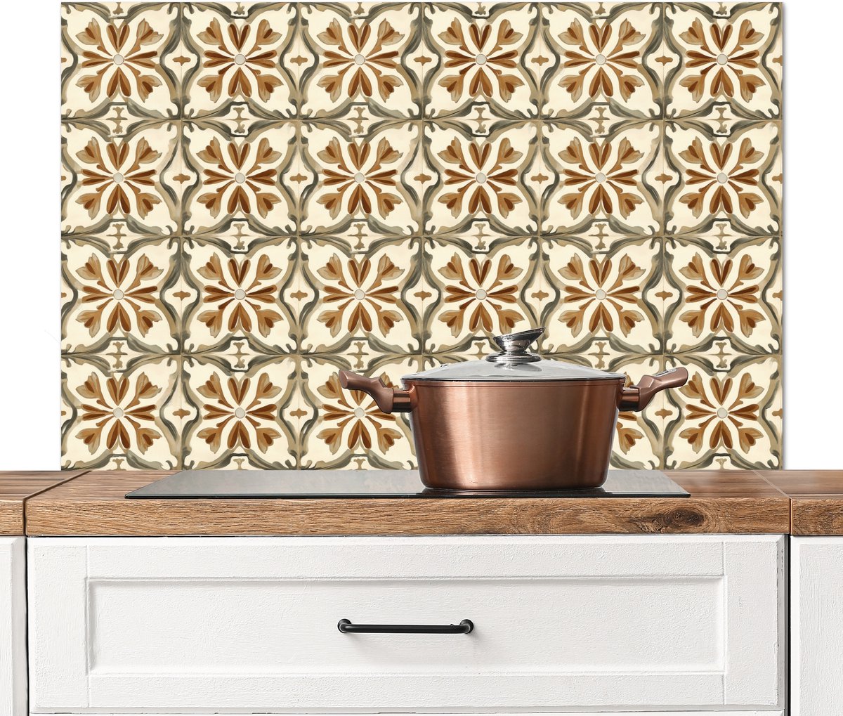 Spatscherm keuken 100x65 cm - Kookplaat achterwand Siertegel - Patroon - Bruin - Muurbeschermer - Spatwand fornuis - Hoogwaardig aluminium