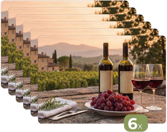 Sets de table - 6 pièces - 45x30 cm - Set de table en plastique - Vin - Verres - Raisins - Vignoble - Dessous de plat - Décoration de table - Accessoires de décoration de table de cuisine - Dessous de plat en vinyle - Décoration de table