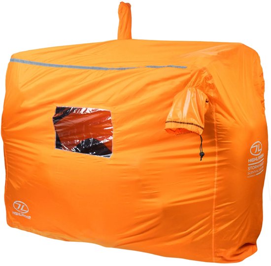 Oranje Highlander Storm-Vault Survival Shelter voor 2-3 personen met raam en opening.