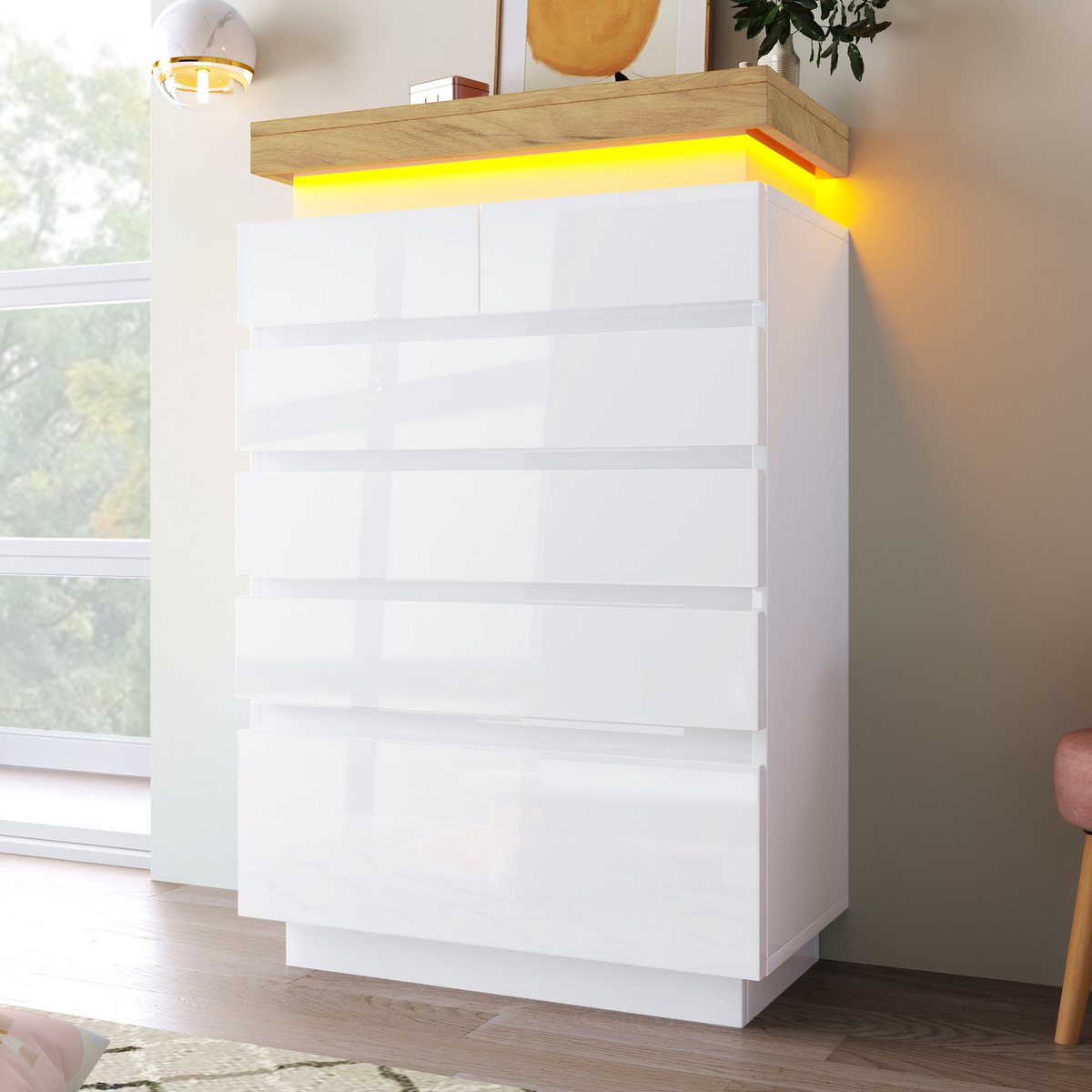 Wishdor - Ladekast - 6 Lades - Ledverlichting - Modern - Spaanplaat - Wit - 115 X 73 X 39 Cm