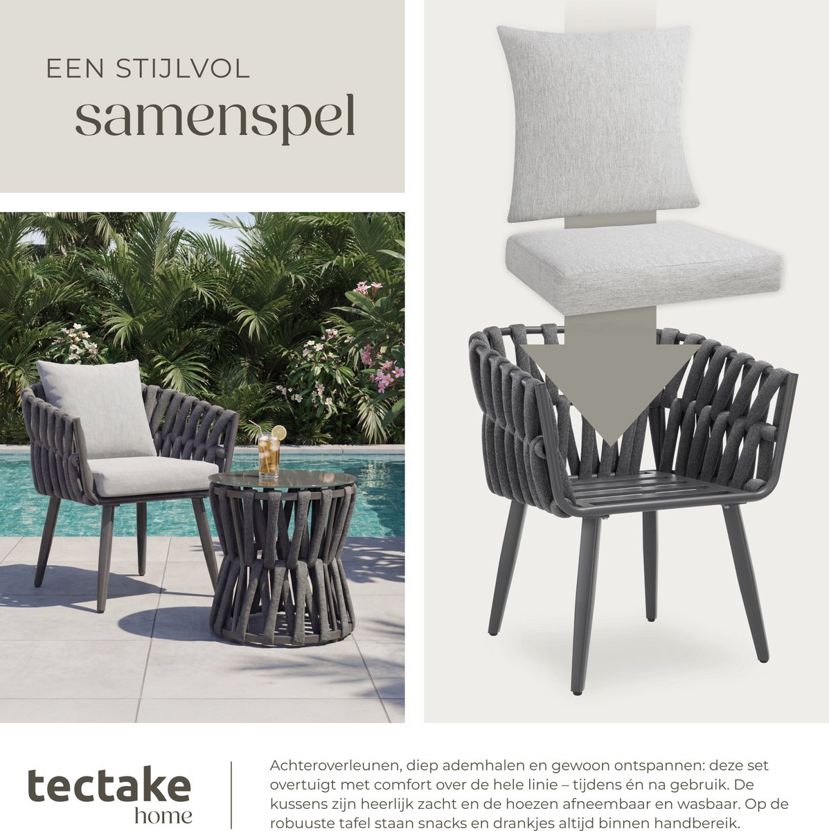 tectake® Tuinset Lugano - Tuinstoel - Loungestoel met Bijzettafel - Buitenstoel in Rope-Design met Aluminium Frame - Buiten Fauteuil met Dikke Kussens - Loungeset voor Tuin of Balkon - Terrasstoel - UV- en Weerbestendig – foto 4