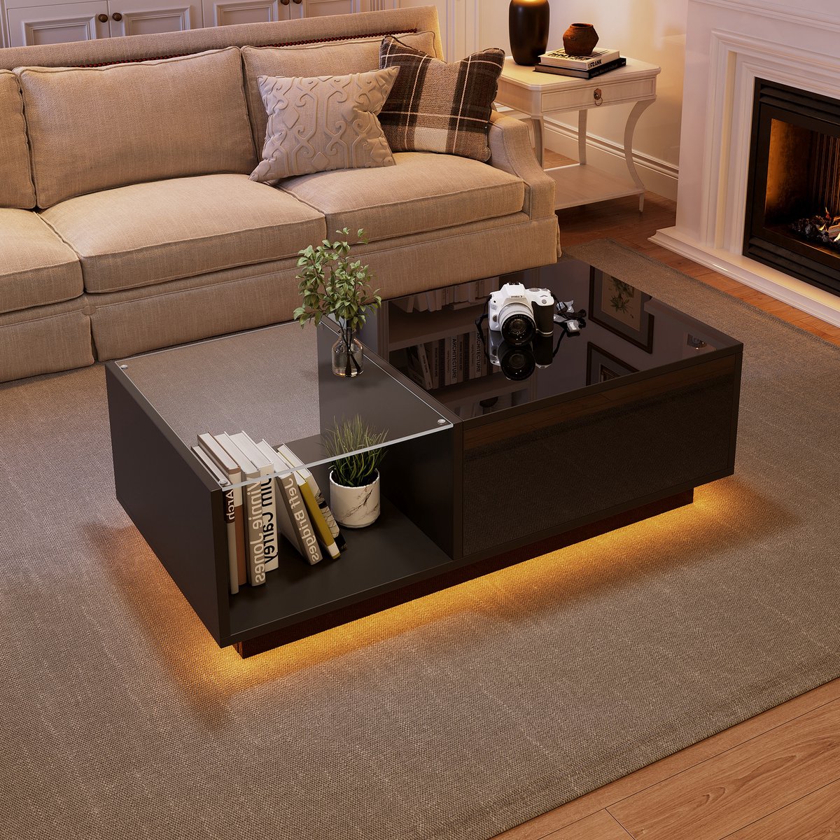 Wishdor - Salontafel - Opklapbaar Blad En Ledverlichting - Modern - Voor Woonkamer - Spaanplaat - Zwart - 100 X 50 X 33 Cm