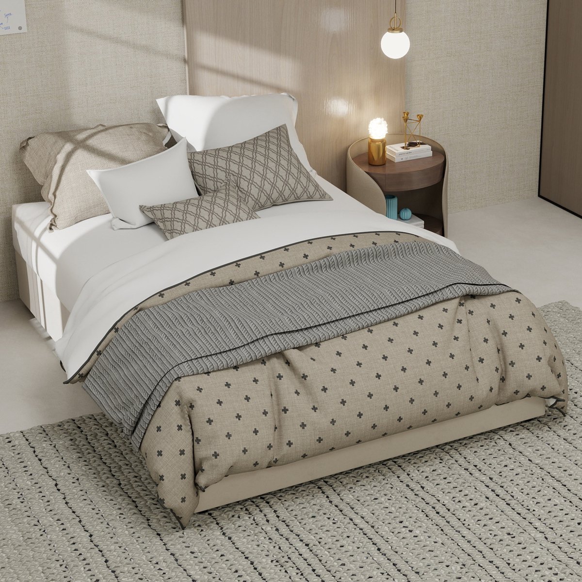MODENUIT Bedframe 140x200 cm – Platformbed met gasveren – Zonder hoofdbord – Metaal en stof – Zonder matras – Beige