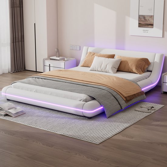 Lit de sol MODENUIT 140x200 cm – Éclairage LED avec contrôle via application – Avec sommier à lattes – Sans matelas – PU et MDF – Blanc