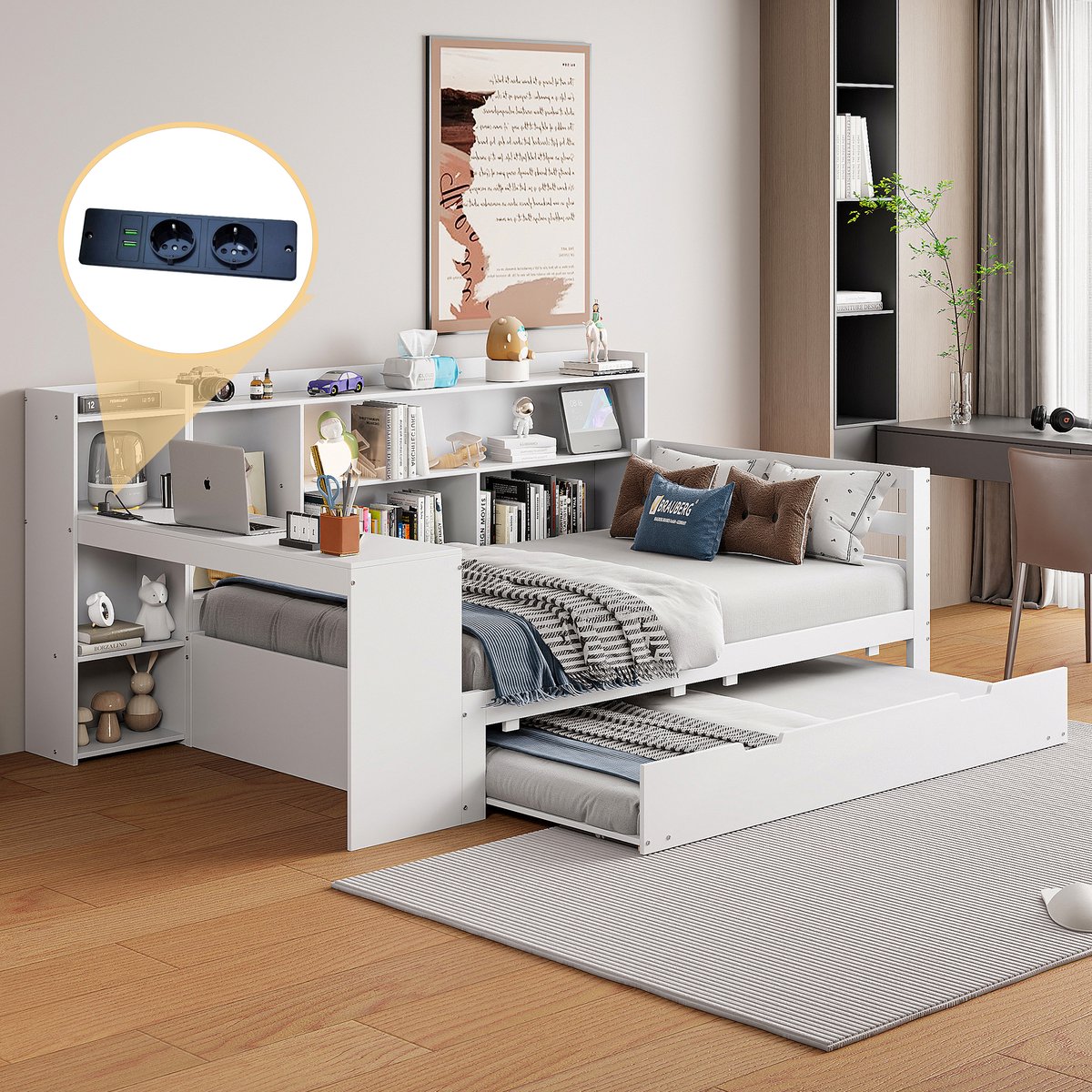 MODENUIT Bedbank 90x200 cm – Uitschuifbed met Bureau en Opbergvakken – Met Stopcontact en Planken – Hout – Wit – Zonder matras